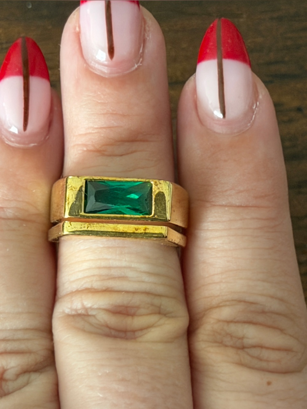 Gold Tone Ring with Emerald Green Baguette Stone - Women's Jewelry 7